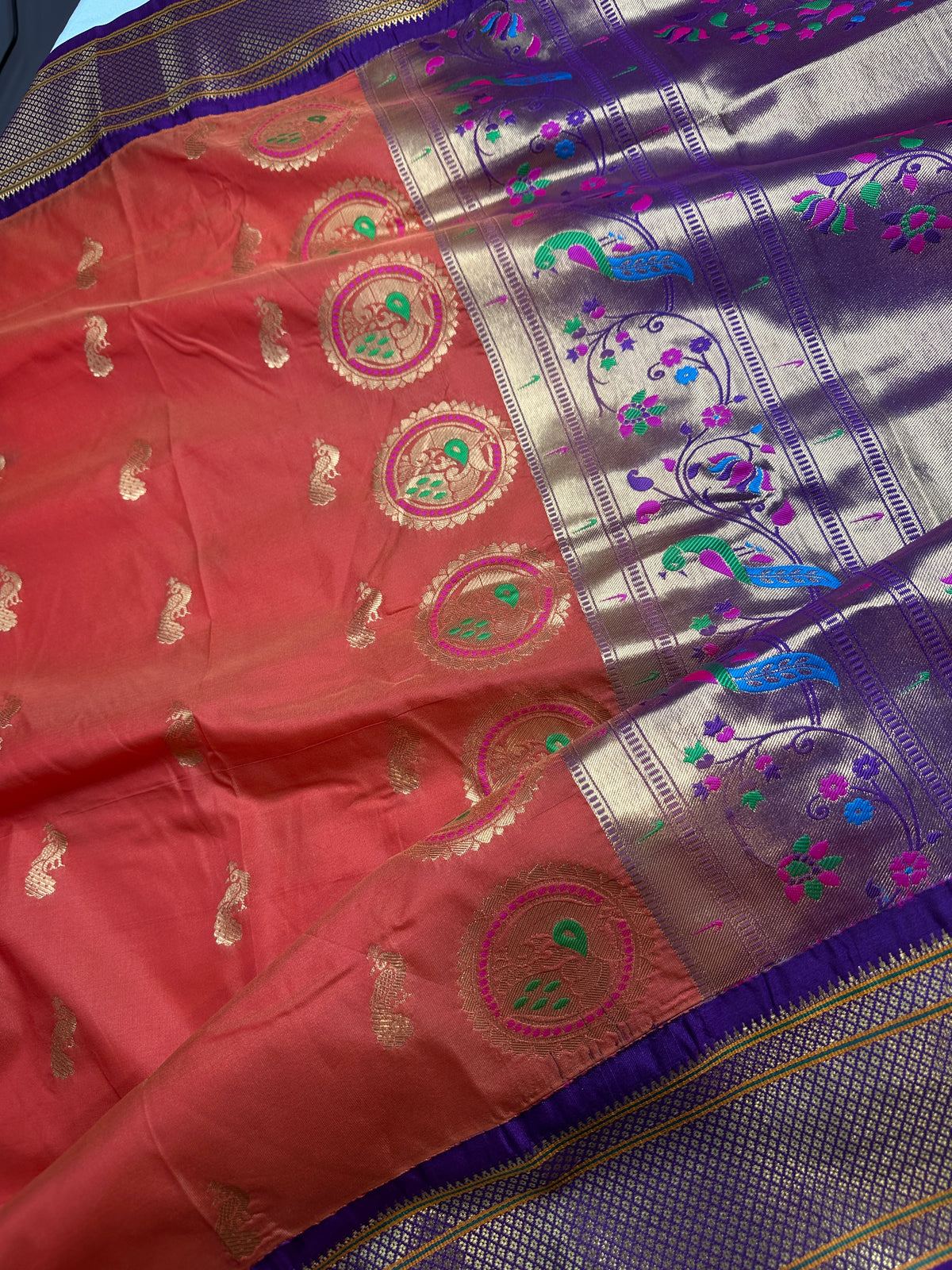 Semi Gadwal Chanderi Silk Paithani Orange Purple Saree | SR001126