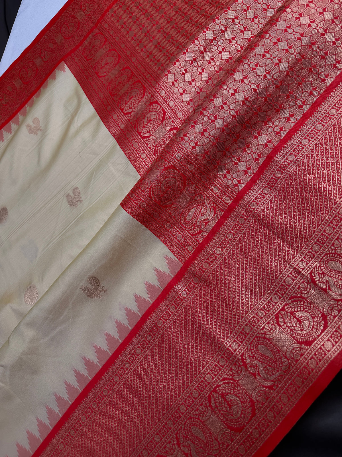 Semi Gadwal Cream Orange Silk Kanchi Border Saree | SR001127