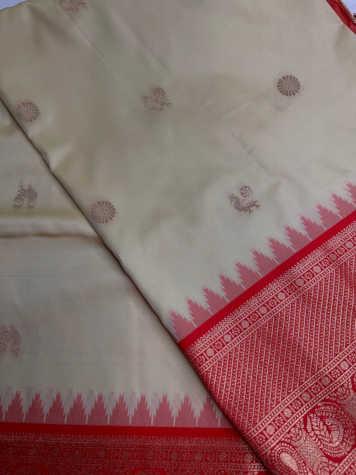 Semi Gadwal Cream Orange Silk Kanchi Border Saree | SR001127