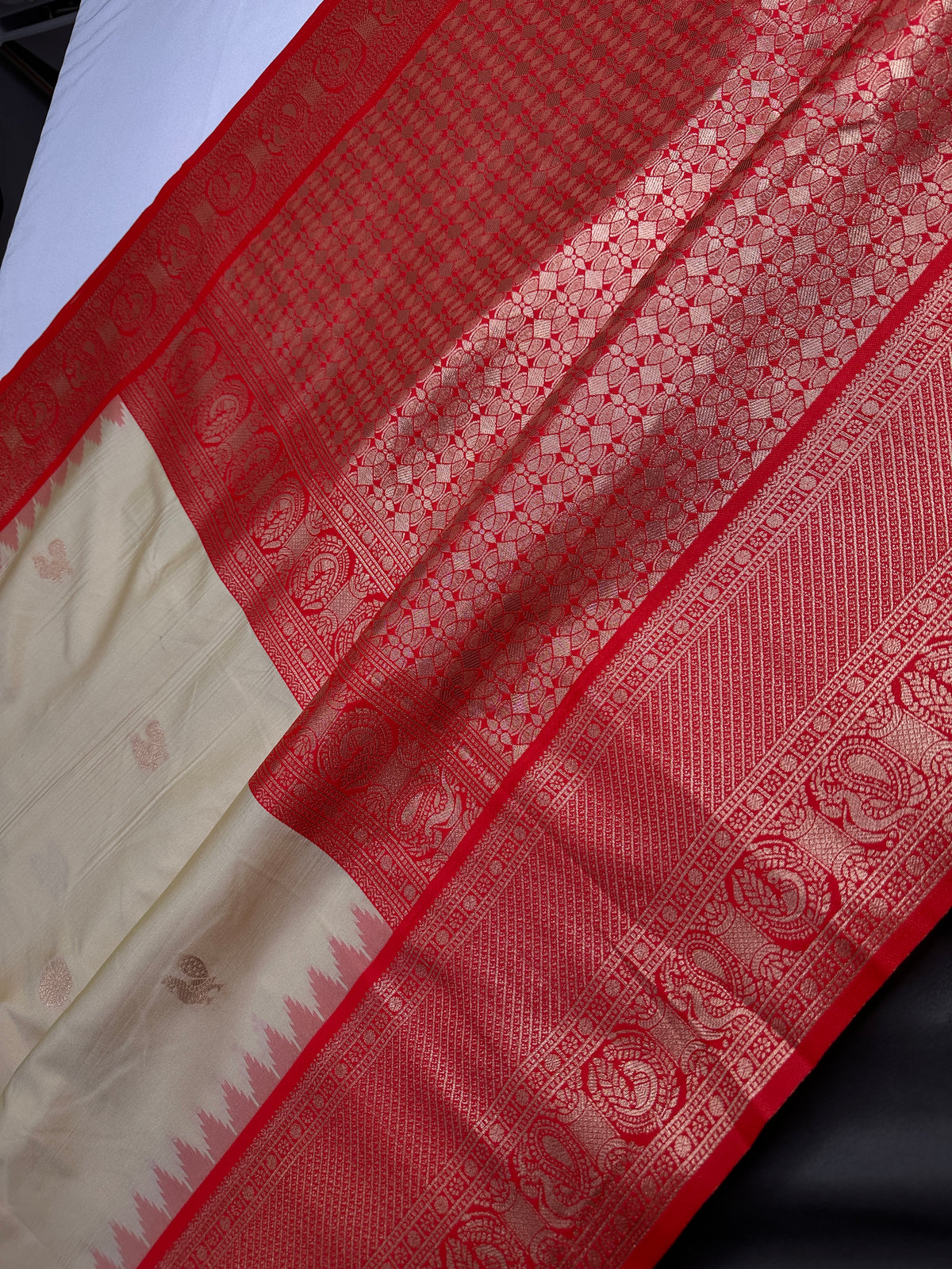 Semi Gadwal Cream Orange Silk Kanchi Border Saree | SR001127