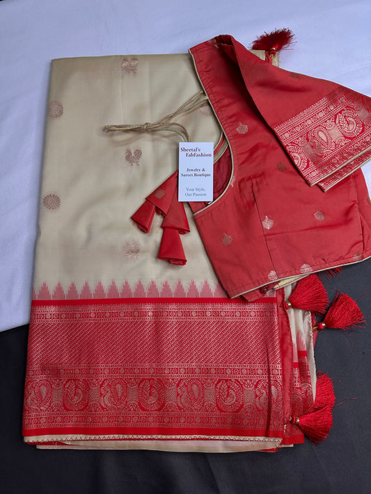 Semi Gadwal Cream Orange Silk Kanchi Border Saree | SR001127