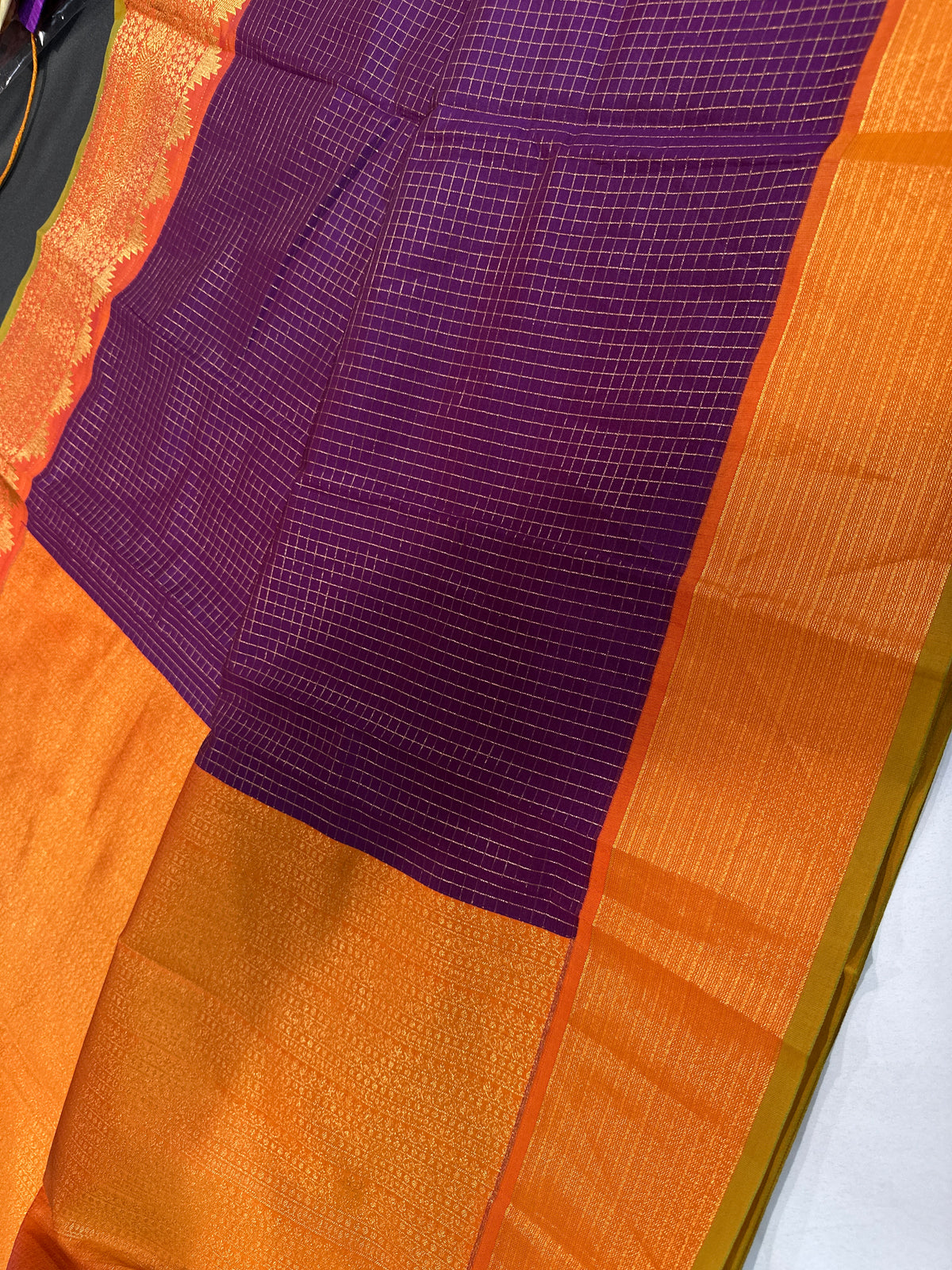 Vintage Checks Kanjeevaram Pattu Semi Purple Orange Silk Saree | SR001128