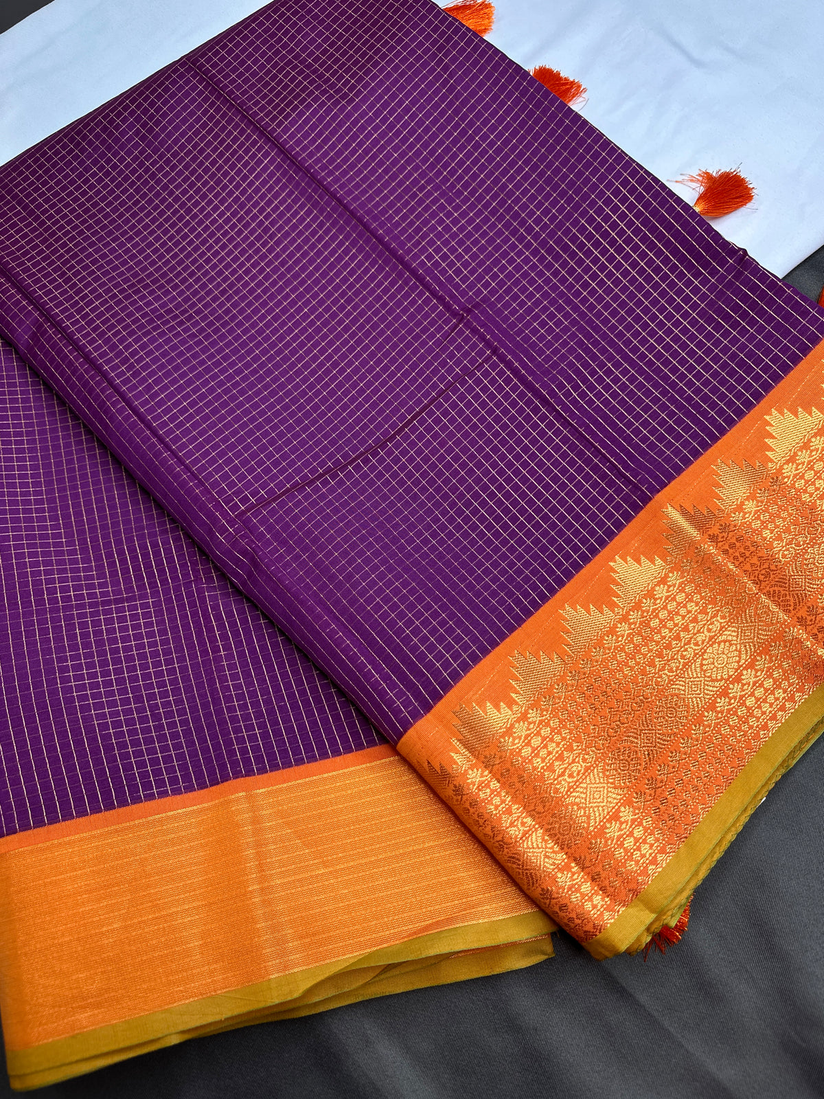 Vintage Checks Kanjeevaram Pattu Semi Purple Orange Silk Saree | SR001128