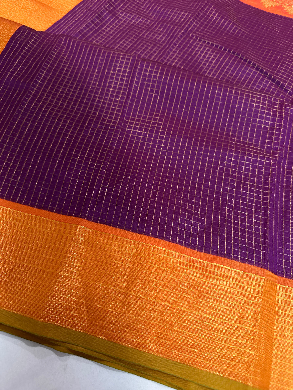 Vintage Checks Kanjeevaram Pattu Semi Purple Orange Silk Saree | SR001128