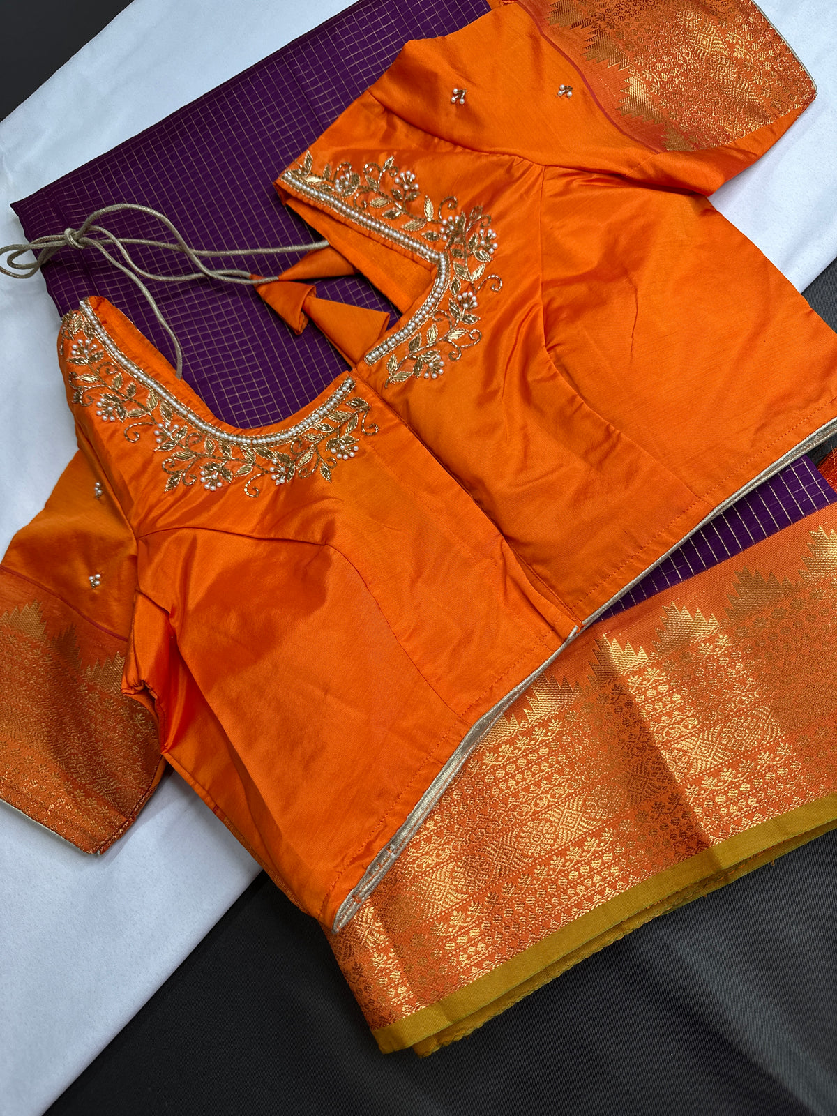 Vintage Checks Kanjeevaram Pattu Semi Purple Orange Silk Saree | SR001128