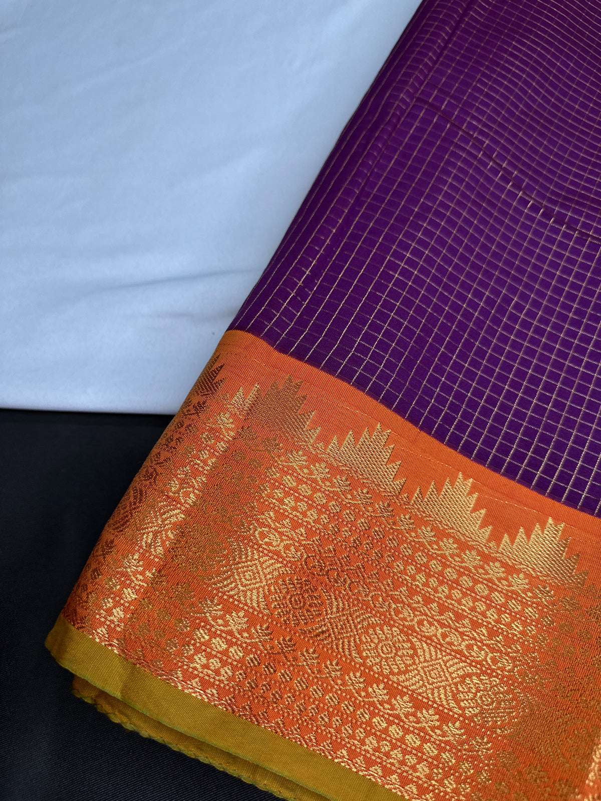 Vintage Checks Kanjeevaram Pattu Semi Purple Orange Silk Saree | SR001128