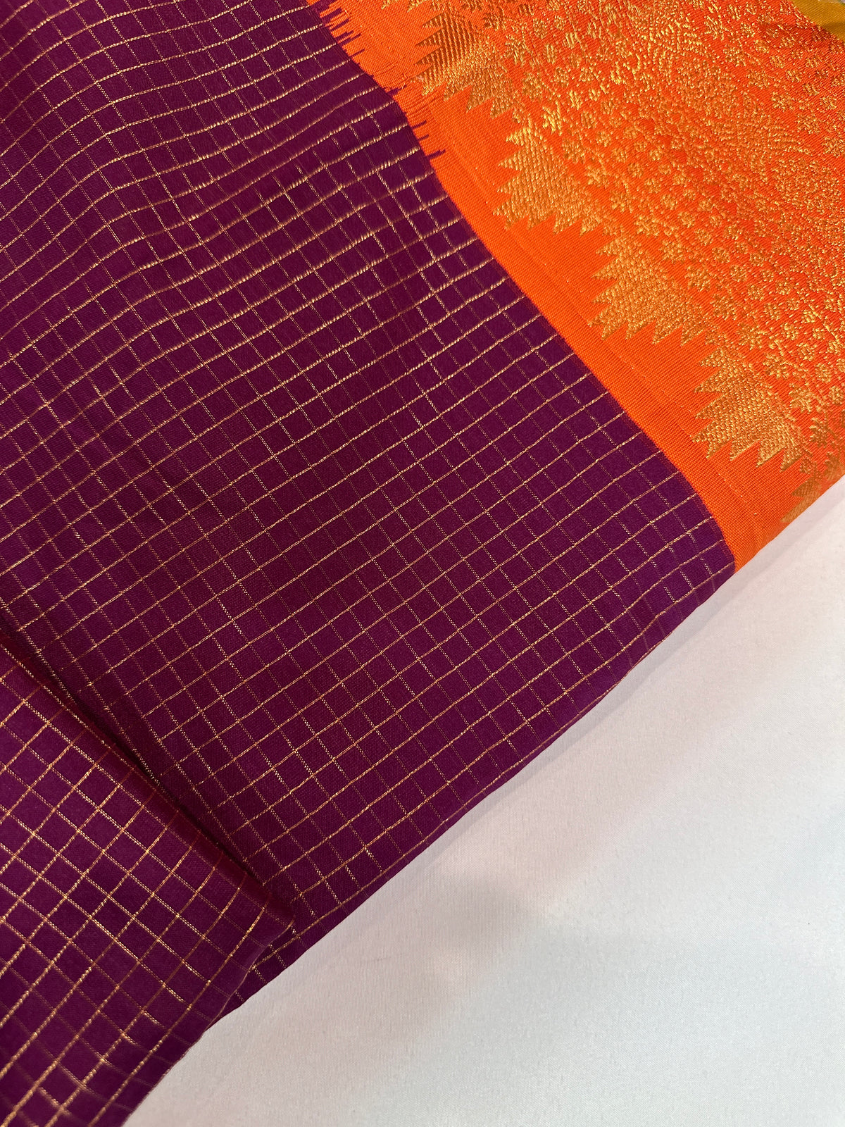Vintage Checks Kanjeevaram Pattu Semi Purple Orange Silk Saree | SR001128