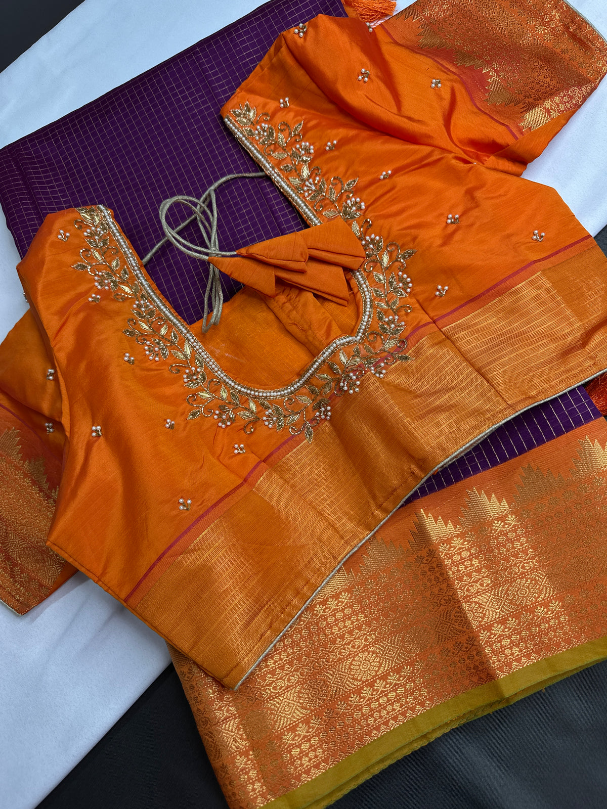 Vintage Checks Kanjeevaram Pattu Semi Purple Orange Silk Saree | SR001128