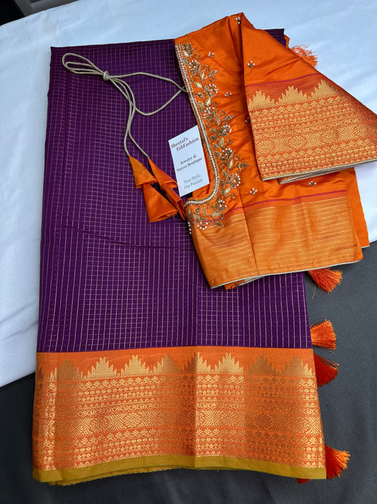 Vintage Checks Kanjeevaram Pattu Semi Purple Orange Silk Saree | SR001128