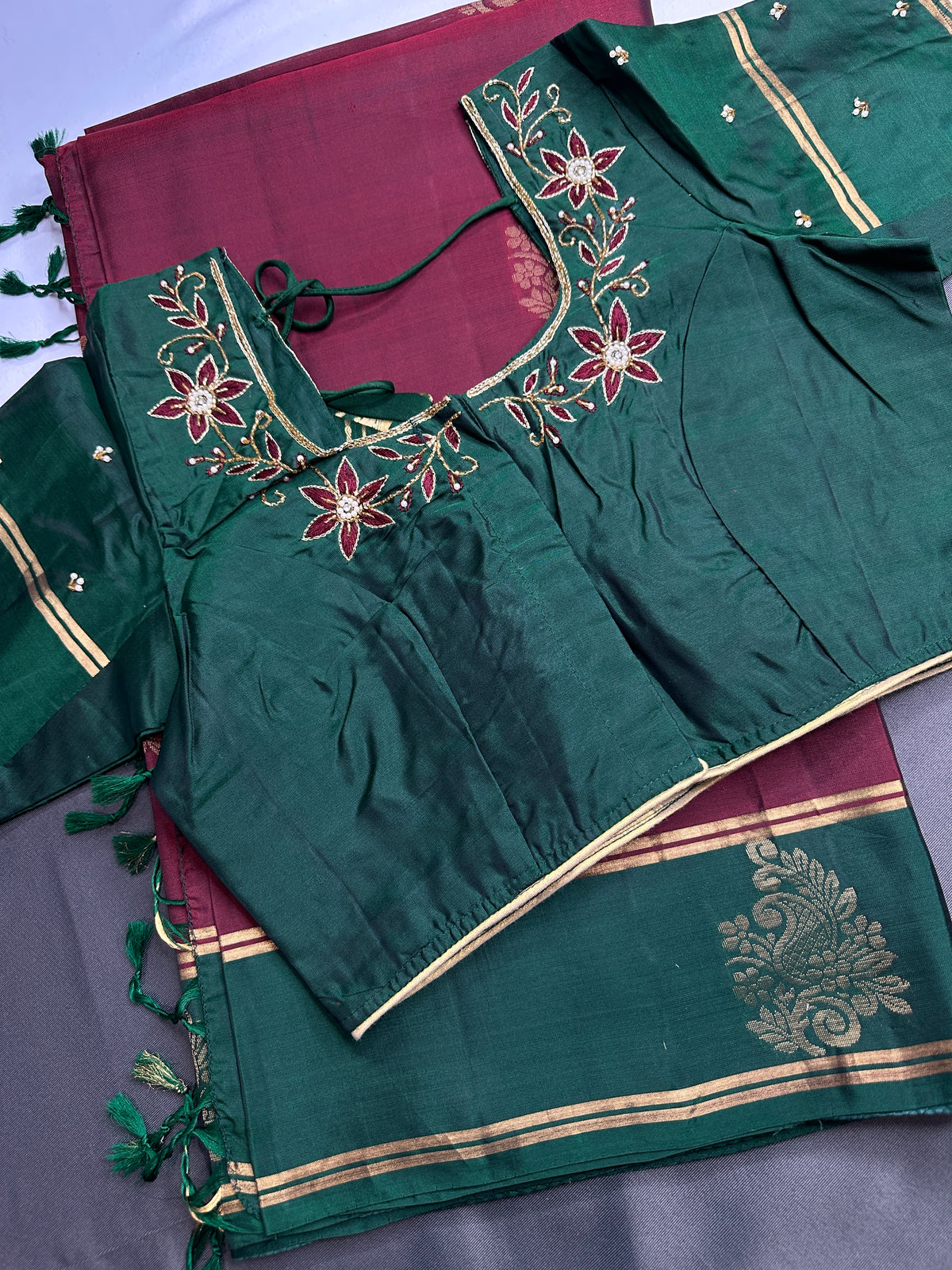 Pure Soft Silk Maroon Green Saree | SR001129