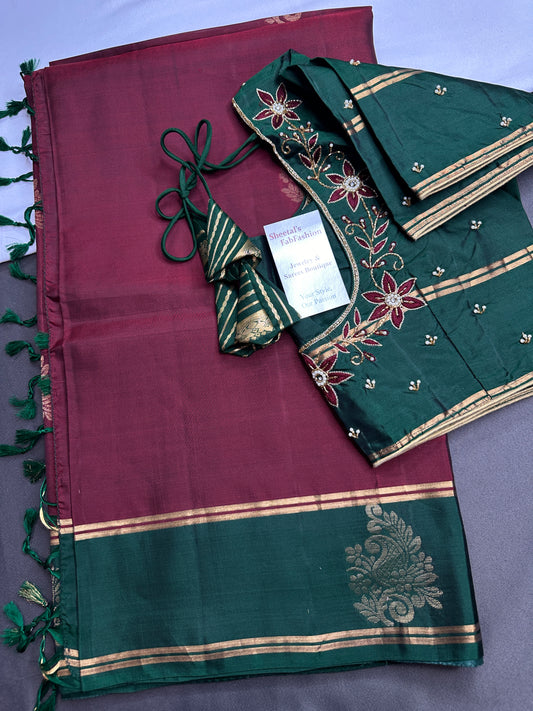 Pure Soft Silk Maroon Green Saree | SR001129