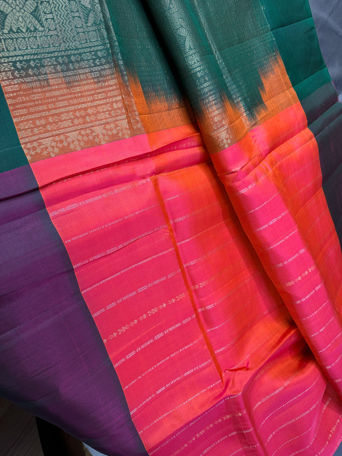 Pure Soft Silk Pinkish Orange Green Saree - SR001131