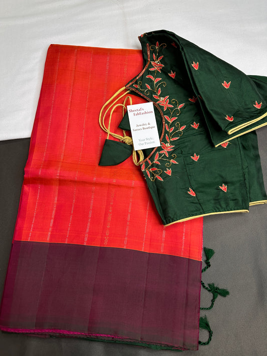 Pure Soft Silk Pinkish Orange Green Saree - SR001131