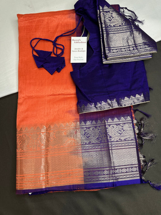 Pure Mangalgiri Peach Blue Saree - SR001134