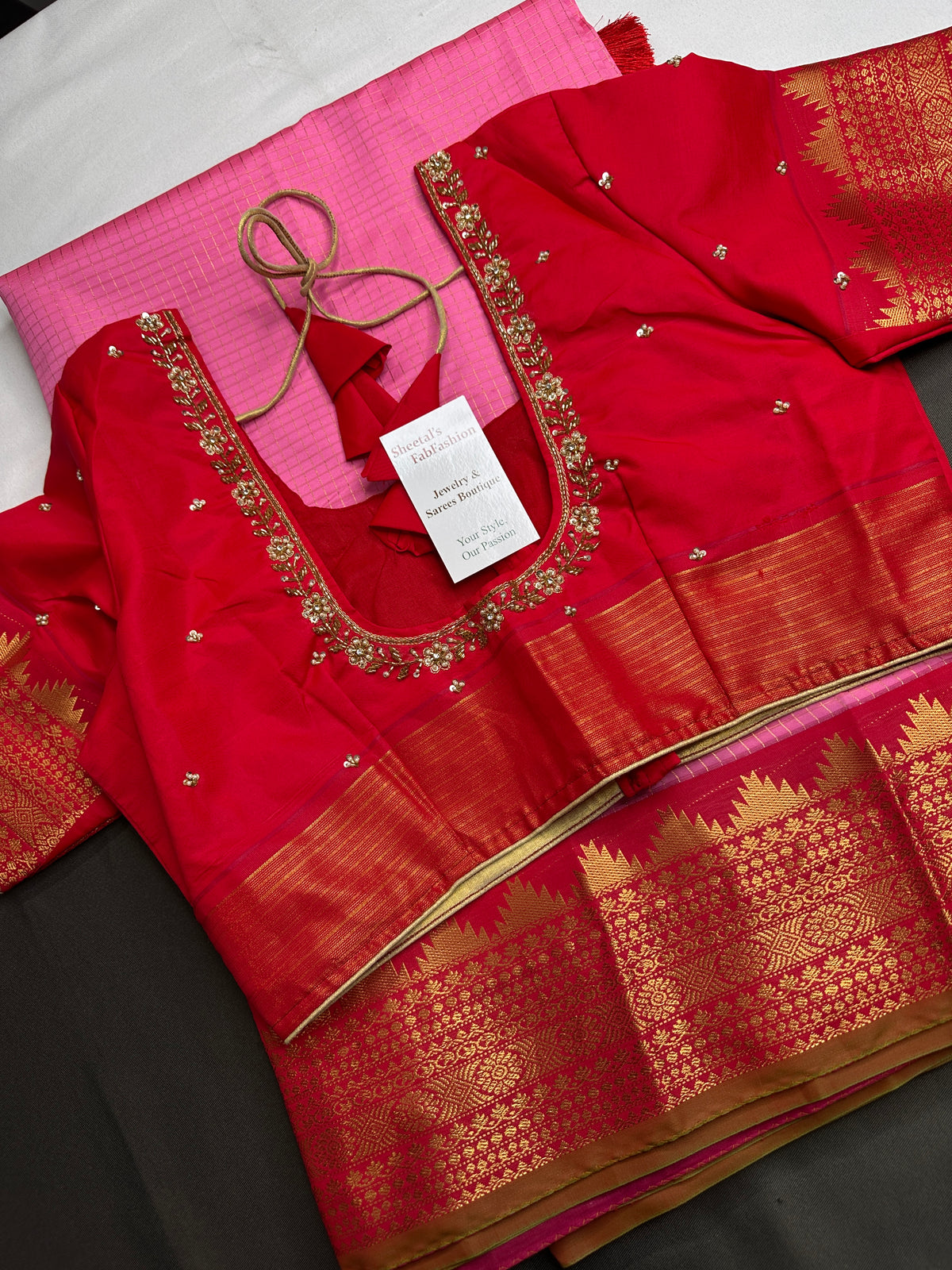 Pink Red Vintage Checked Semi Kanjivaram Pattu Saree - SR001136