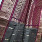 Vintage Checkered Kanchi Border Grey Magenta Silk Saree with Stitched Blouse - SR001140