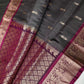 Vintage Checkered Kanchi Border Grey Magenta Silk Saree with Stitched Blouse - SR001140