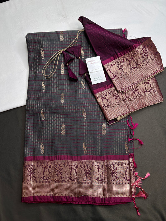 Vintage Checkered Kanchi Border Grey Magenta Silk Saree with Stitched Blouse - SR001140