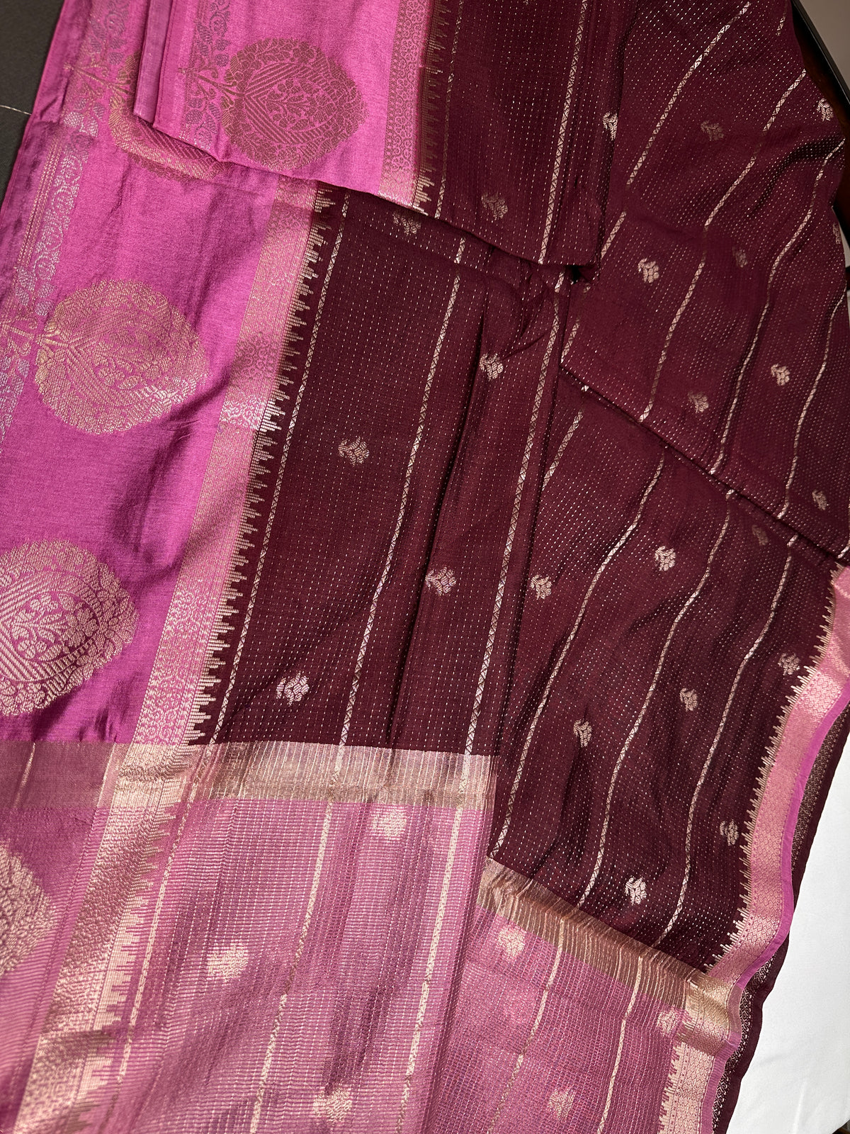 Plum Lightweight Raw Mango Style Silk Saree with Pink Pallu