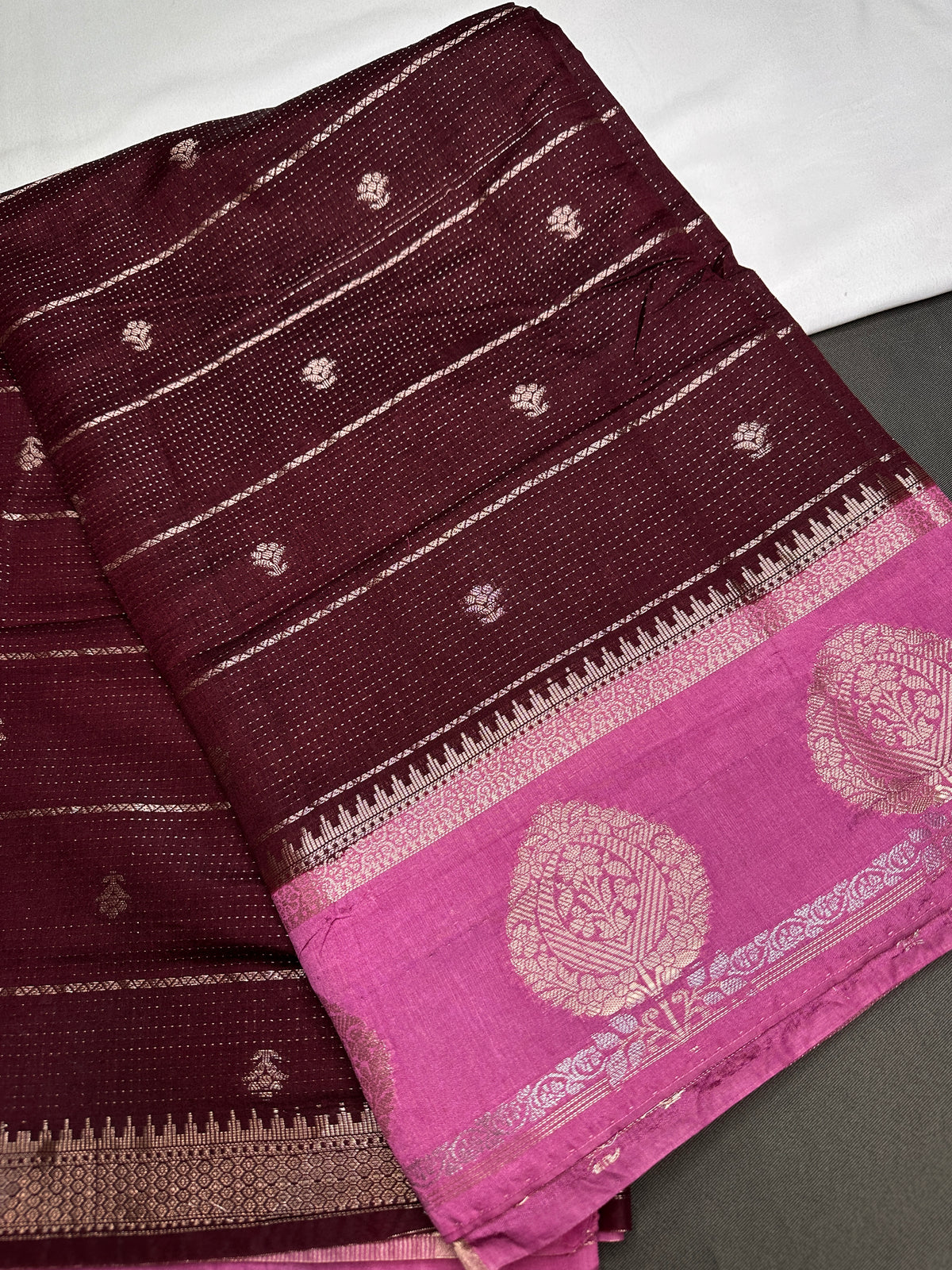 Plum Lightweight Raw Mango Style Silk Saree with Pink Pallu