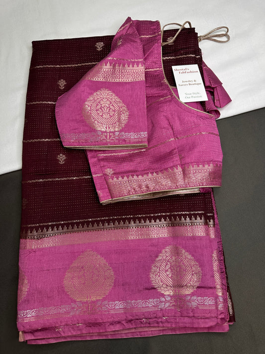 Plum Lightweight Raw Mango Style Silk Saree with Pink Pallu