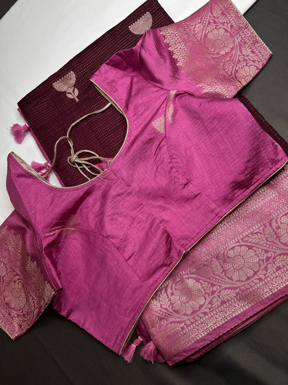 Plum Lightweight Raw Mango Style Silk Saree with Pink Pallu