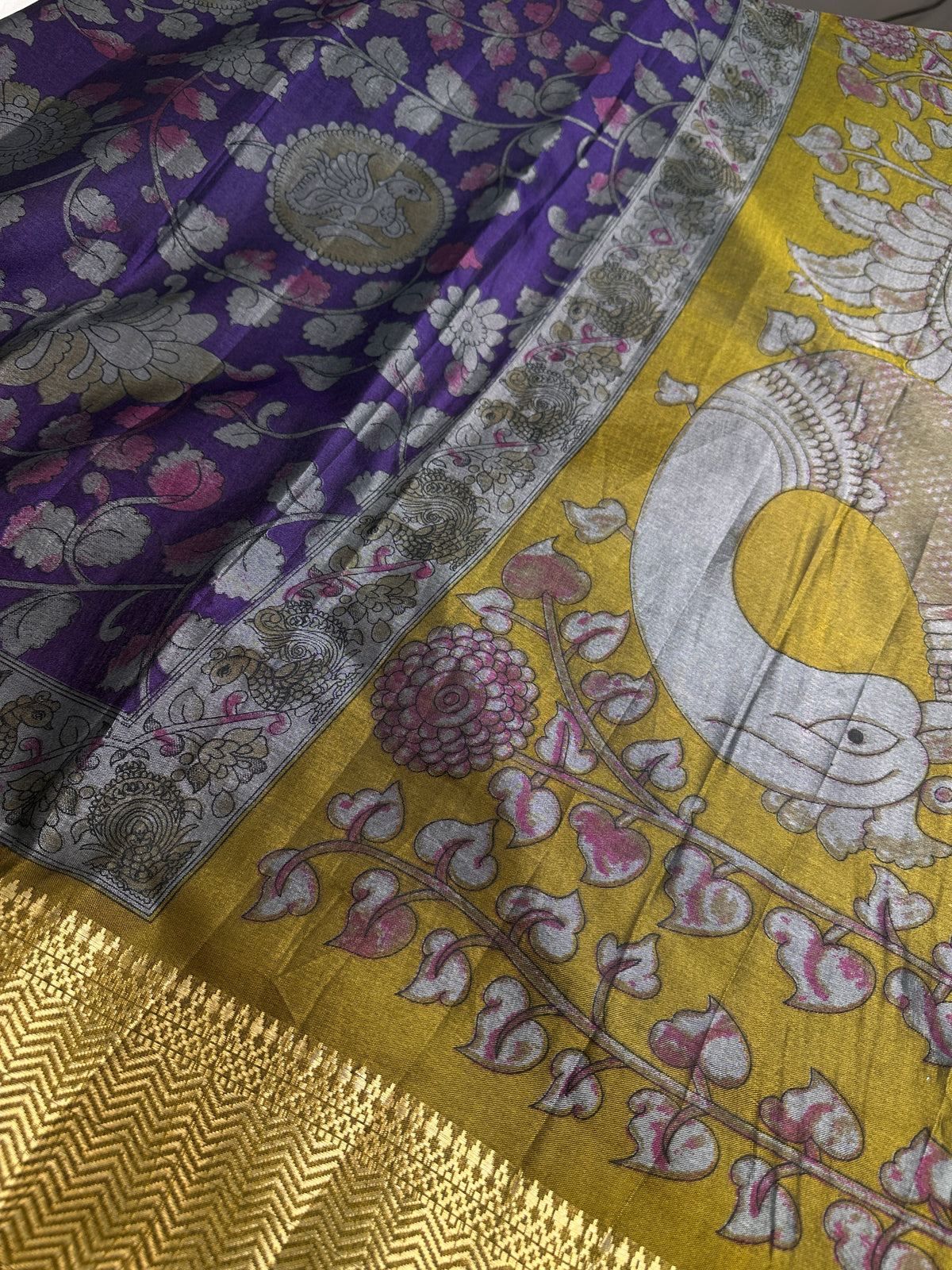 Purple Green Kalamkari Print Lightweight Semi Tussar Saree