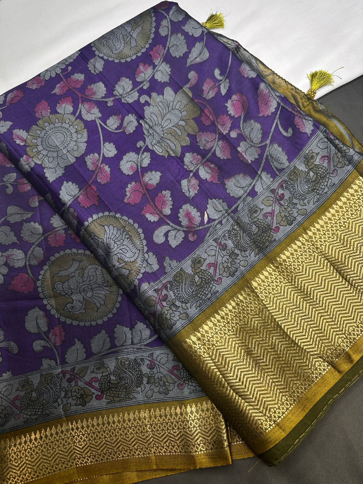 Purple Green Kalamkari Print Lightweight Semi Tussar Saree