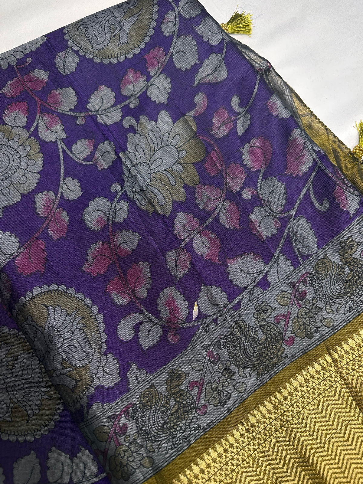 Purple Green Kalamkari Print Lightweight Semi Tussar Saree