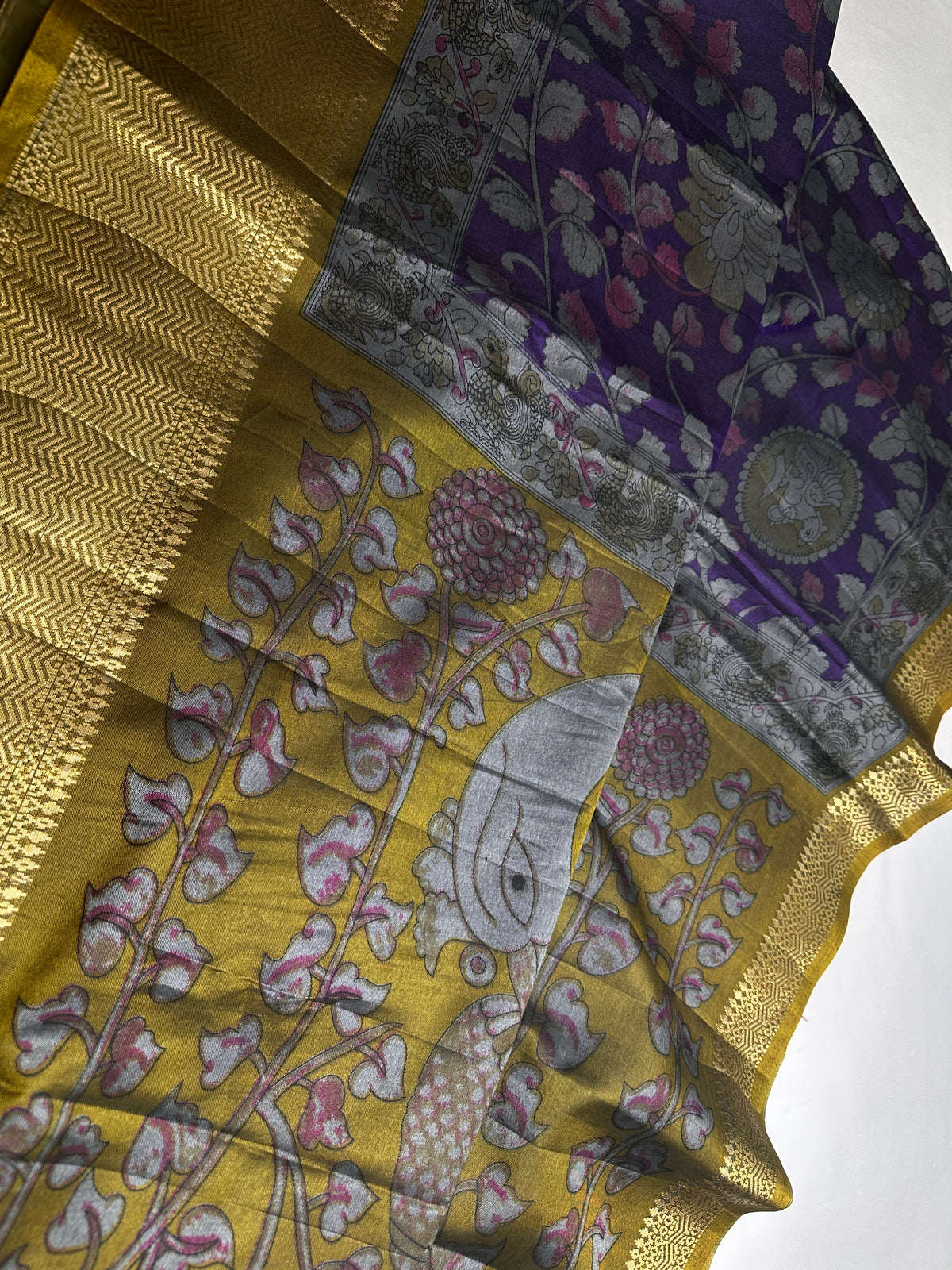 Purple Green Kalamkari Print Lightweight Semi Tussar Saree