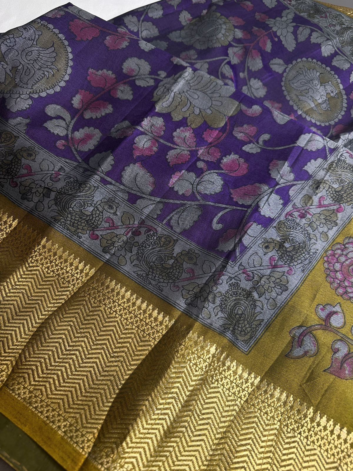 Purple Green Kalamkari Print Lightweight Semi Tussar Saree