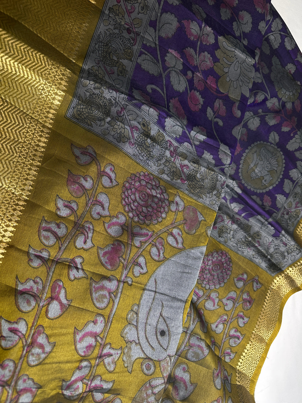 Purple Green Kalamkari Print Lightweight Semi Tussar Saree