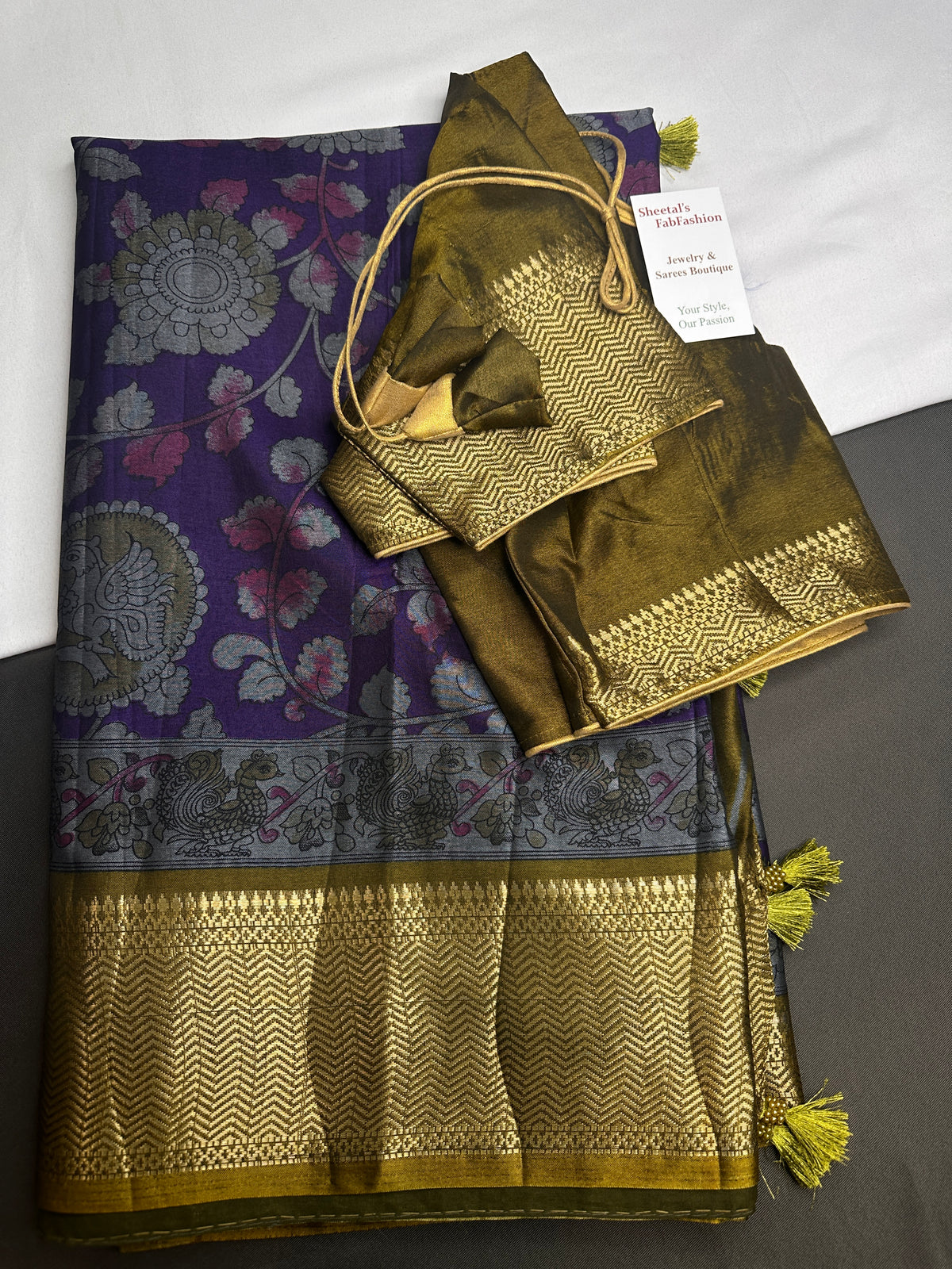 Purple Green Kalamkari Print Lightweight Semi Tussar Saree