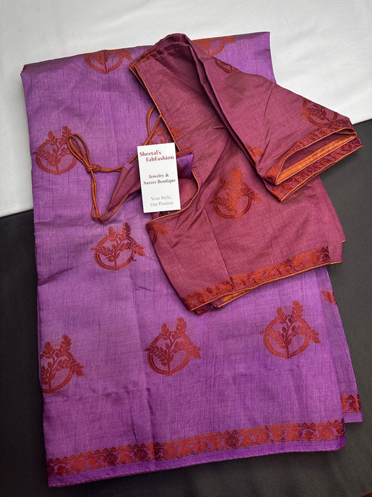 Purple Soft Art Silk Saree with Stitched Blouse