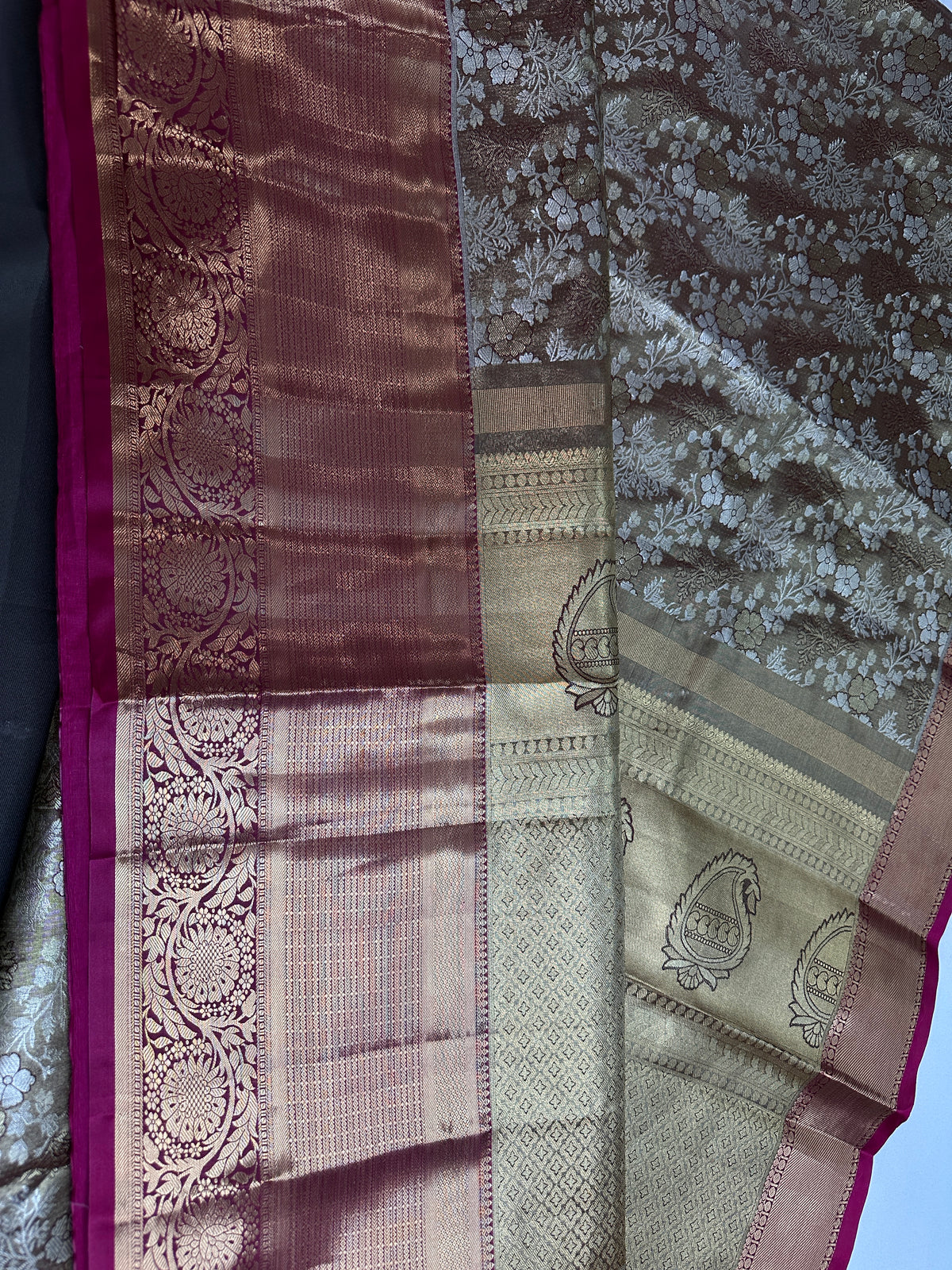 Gold Green Kanjeevaram Brocade Silk Saree with Magenta Pallu