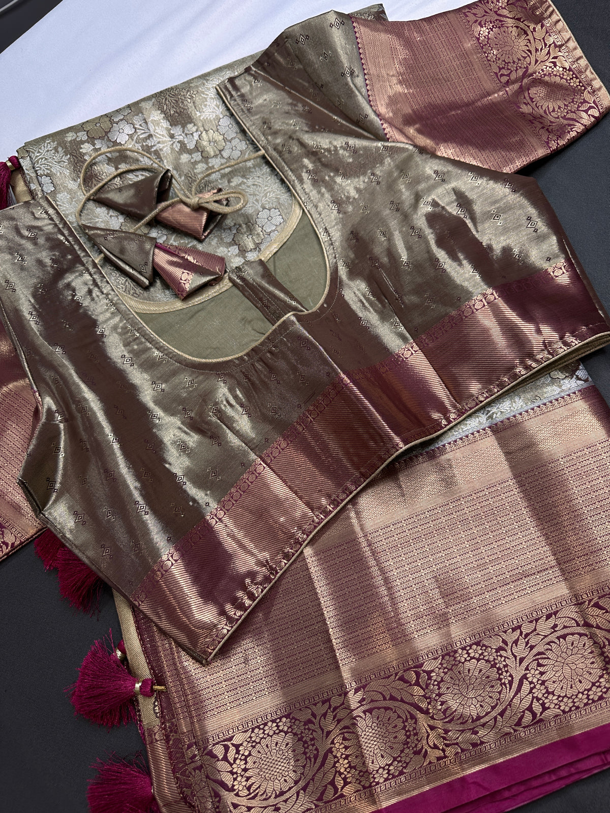 Gold Green Kanjeevaram Brocade Silk Saree with Magenta Pallu