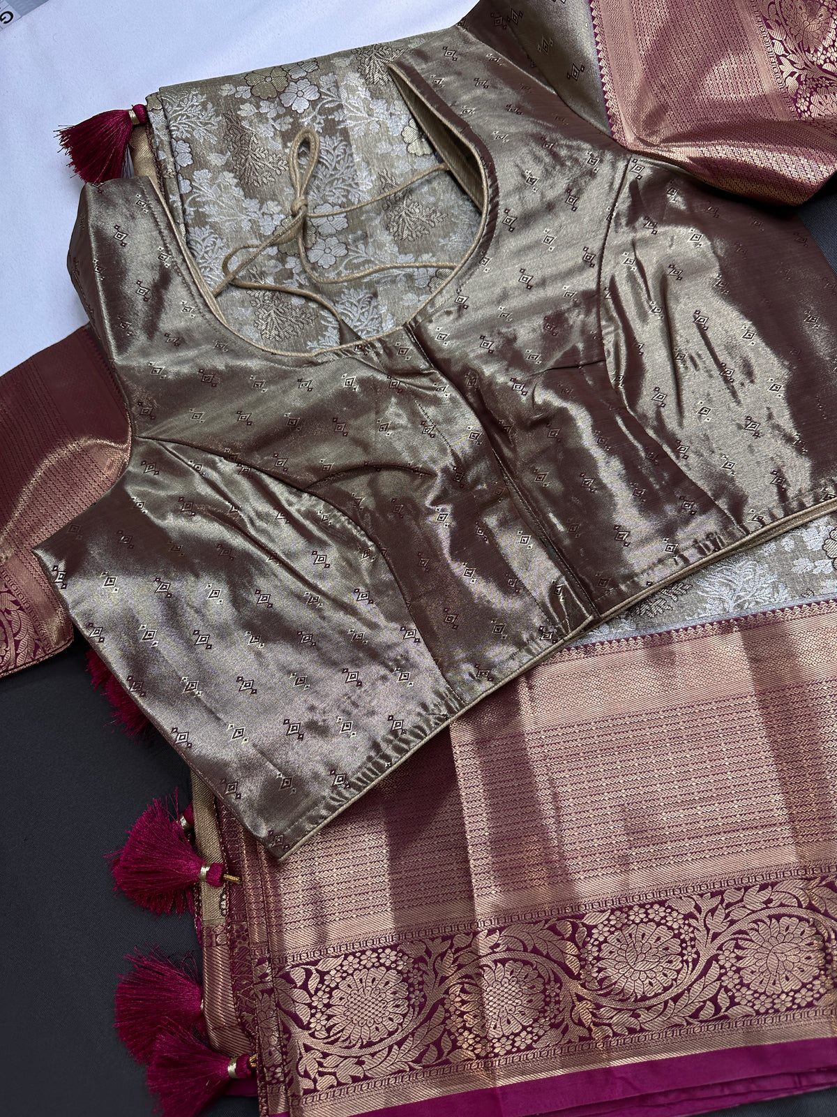 Gold Green Kanjeevaram Brocade Silk Saree with Magenta Pallu