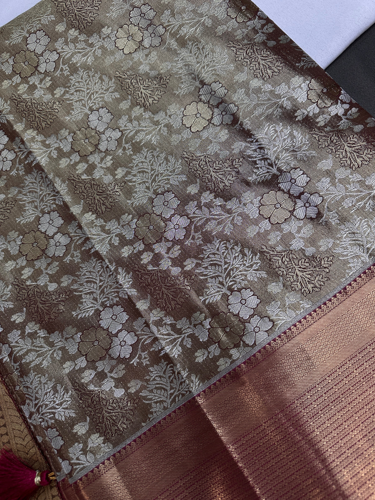 Gold Green Kanjeevaram Brocade Silk Saree with Magenta Pallu