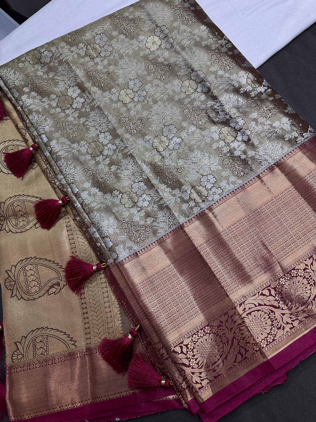 Gold Green Kanjeevaram Brocade Silk Saree with Magenta Pallu