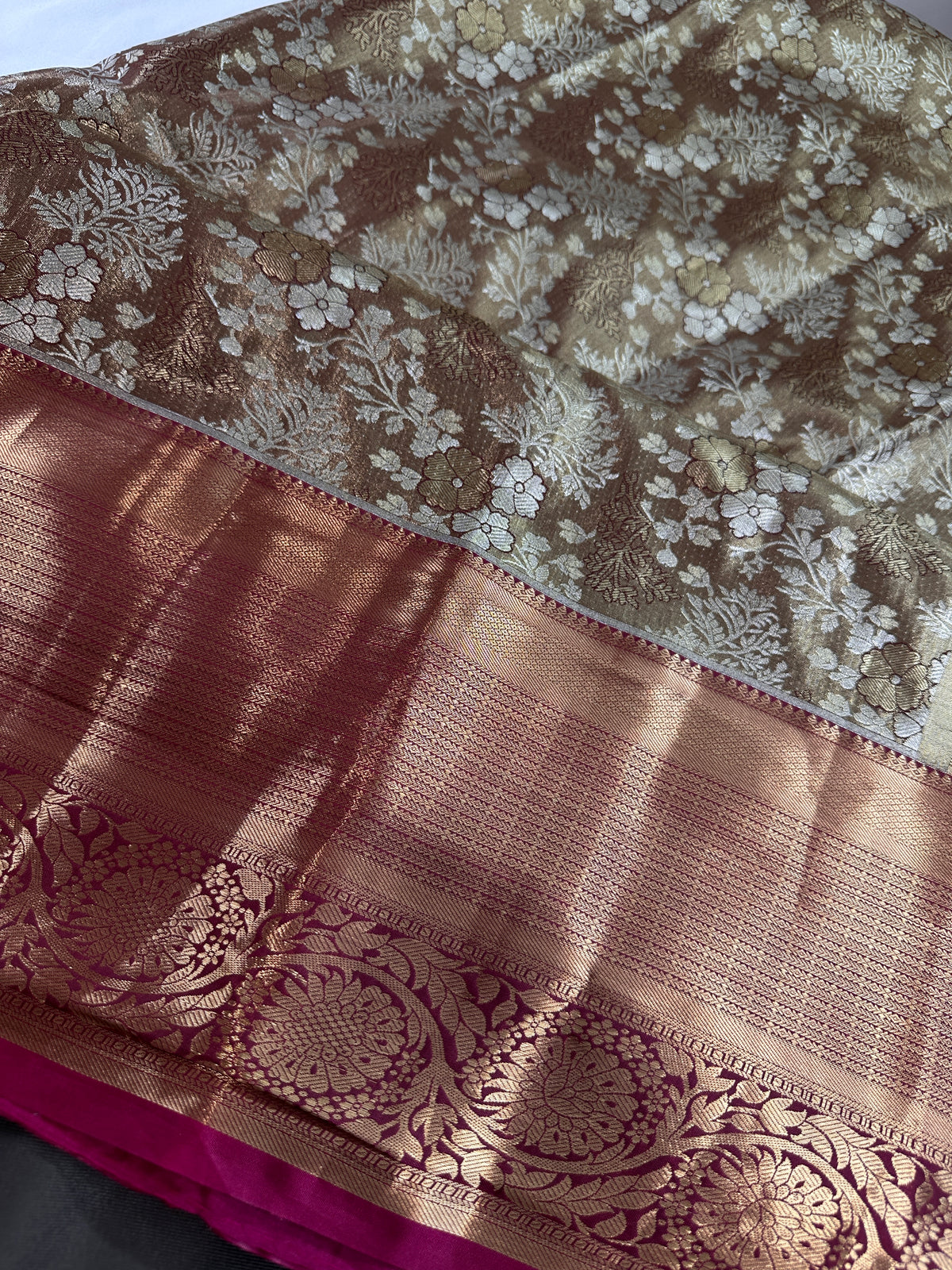 Gold Green Kanjeevaram Brocade Silk Saree with Magenta Pallu