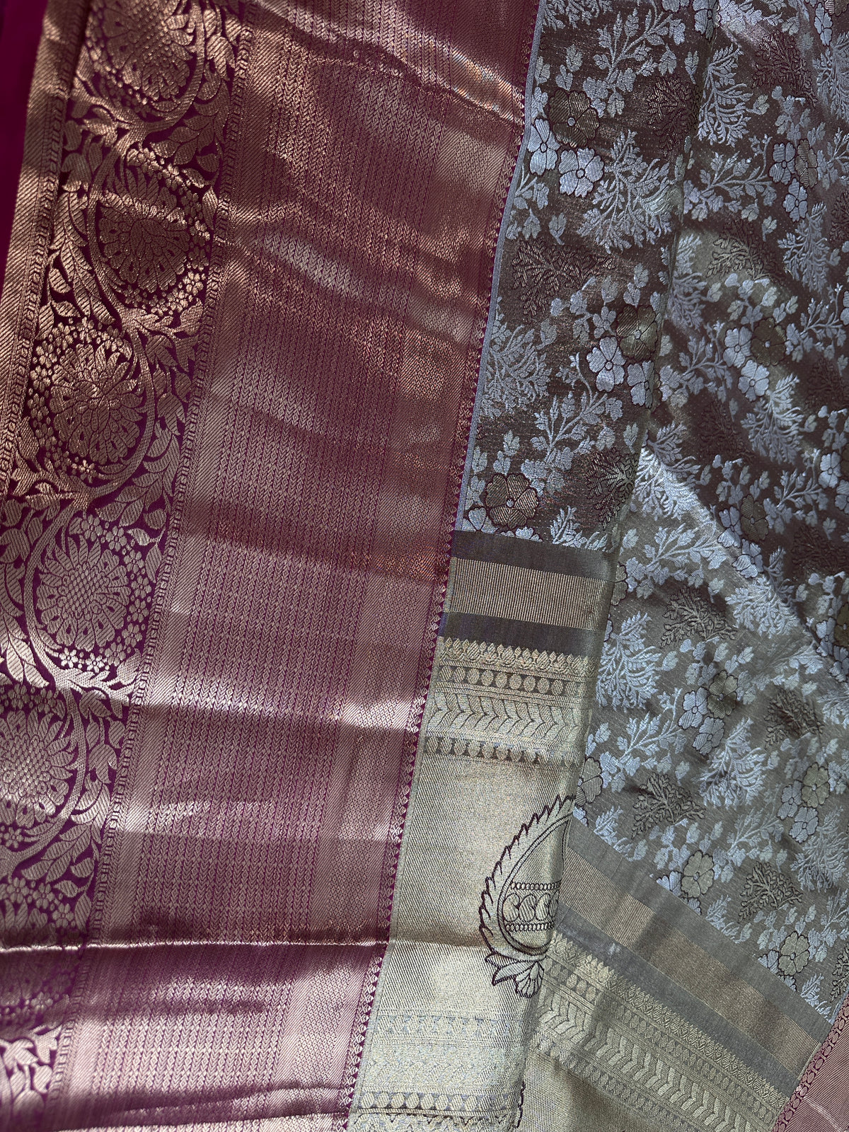 Gold Green Kanjeevaram Brocade Silk Saree with Magenta Pallu