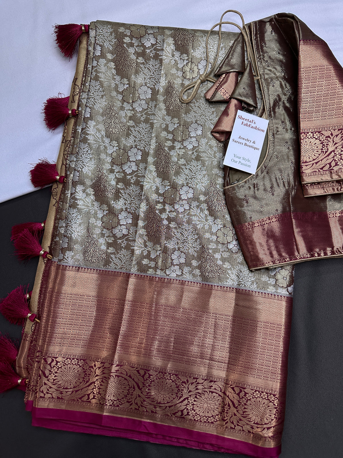 Gold Green Kanjeevaram Brocade Silk Saree with Magenta Pallu
