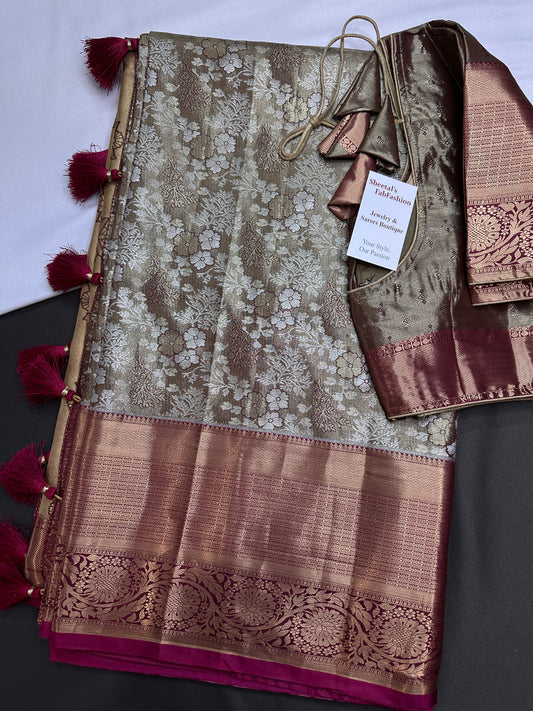 Gold Green Kanjeevaram Brocade Silk Saree with Magenta Pallu