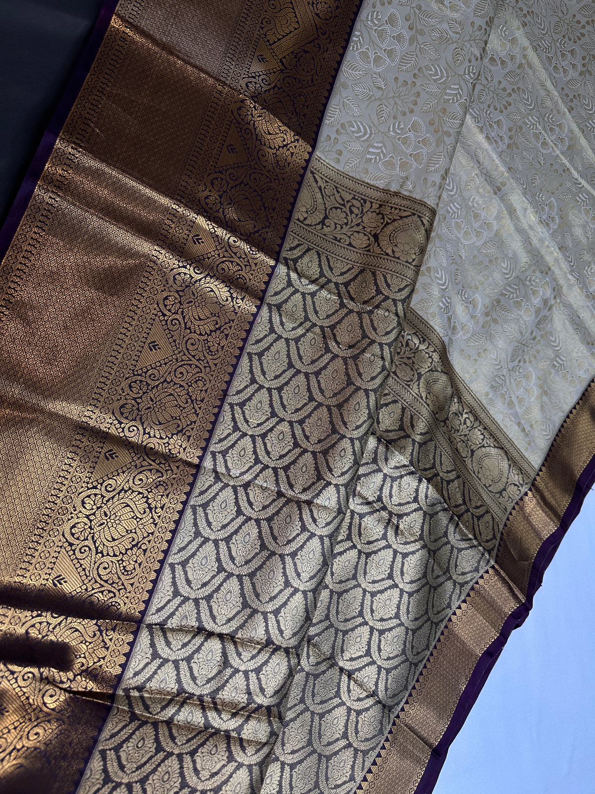 Kanjeevaram Brocade Cream Purple Silk Saree