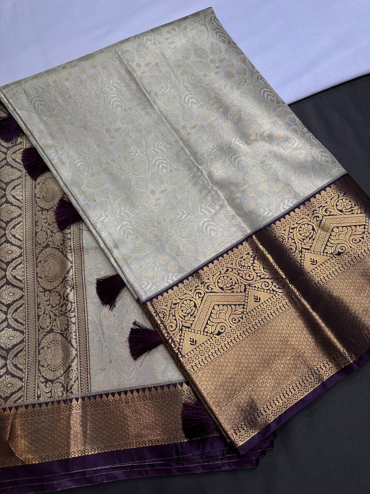 Kanjeevaram Brocade Cream Purple Silk Saree