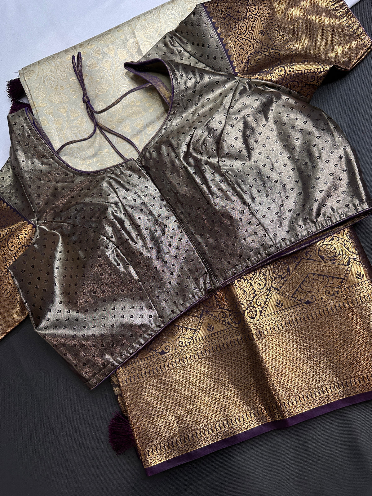 Kanjeevaram Brocade Cream Purple Silk Saree