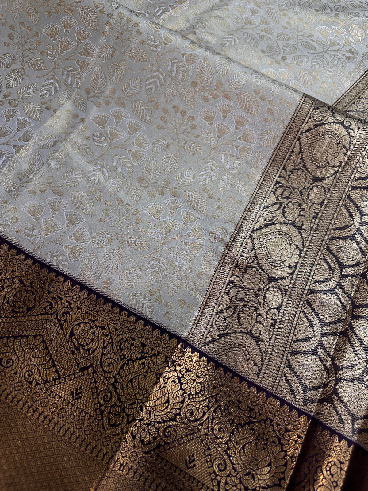 Kanjeevaram Brocade Cream Purple Silk Saree