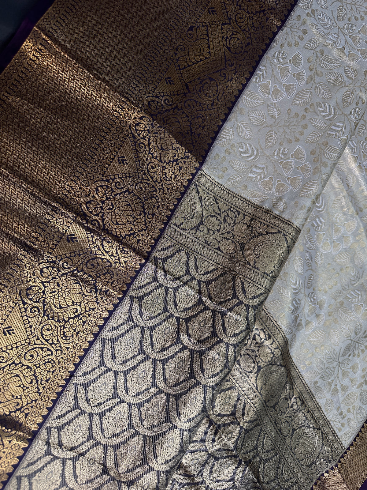 Kanjeevaram Brocade Cream Purple Silk Saree