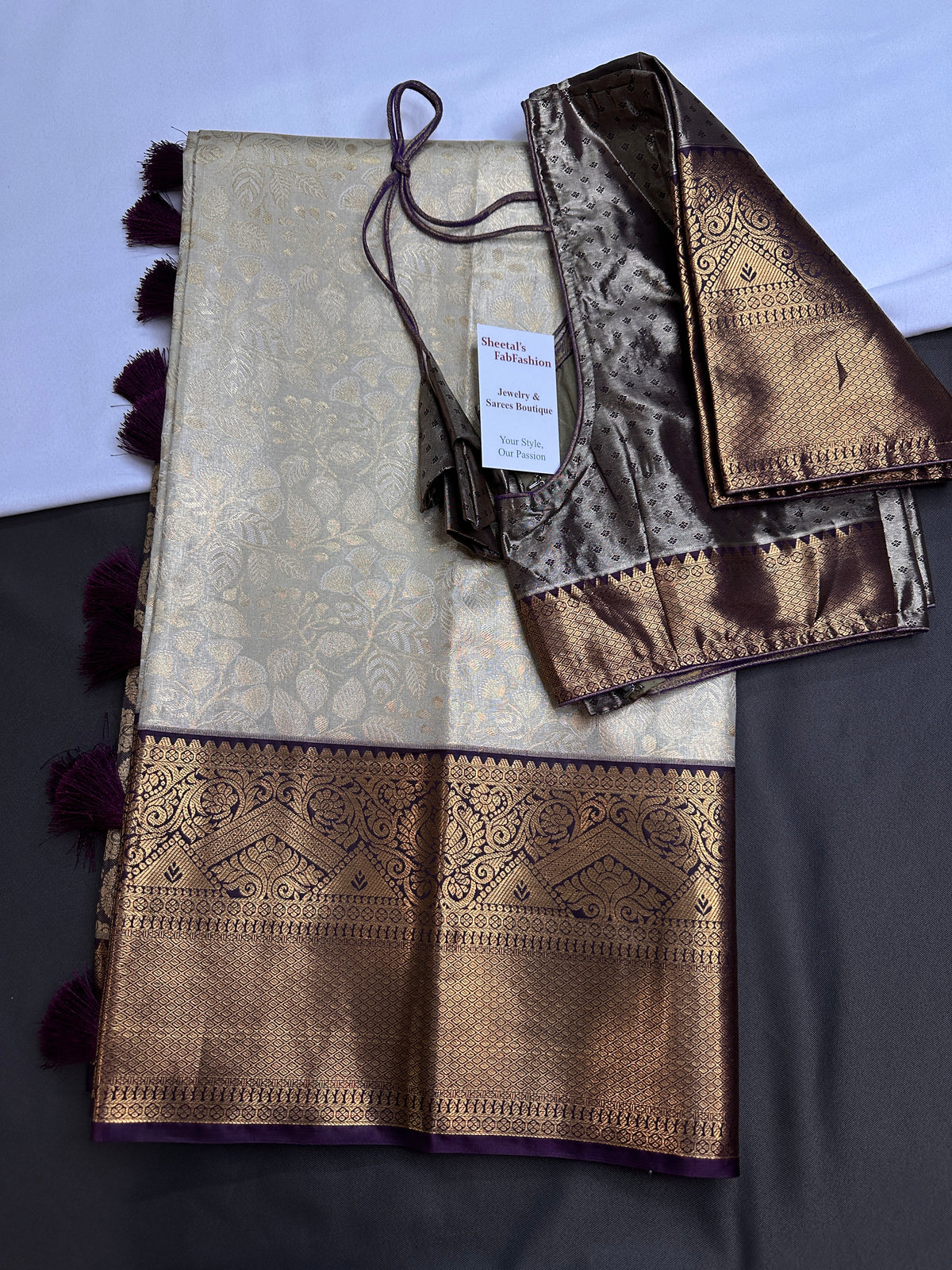Kanjeevaram Brocade Cream Purple Silk Saree
