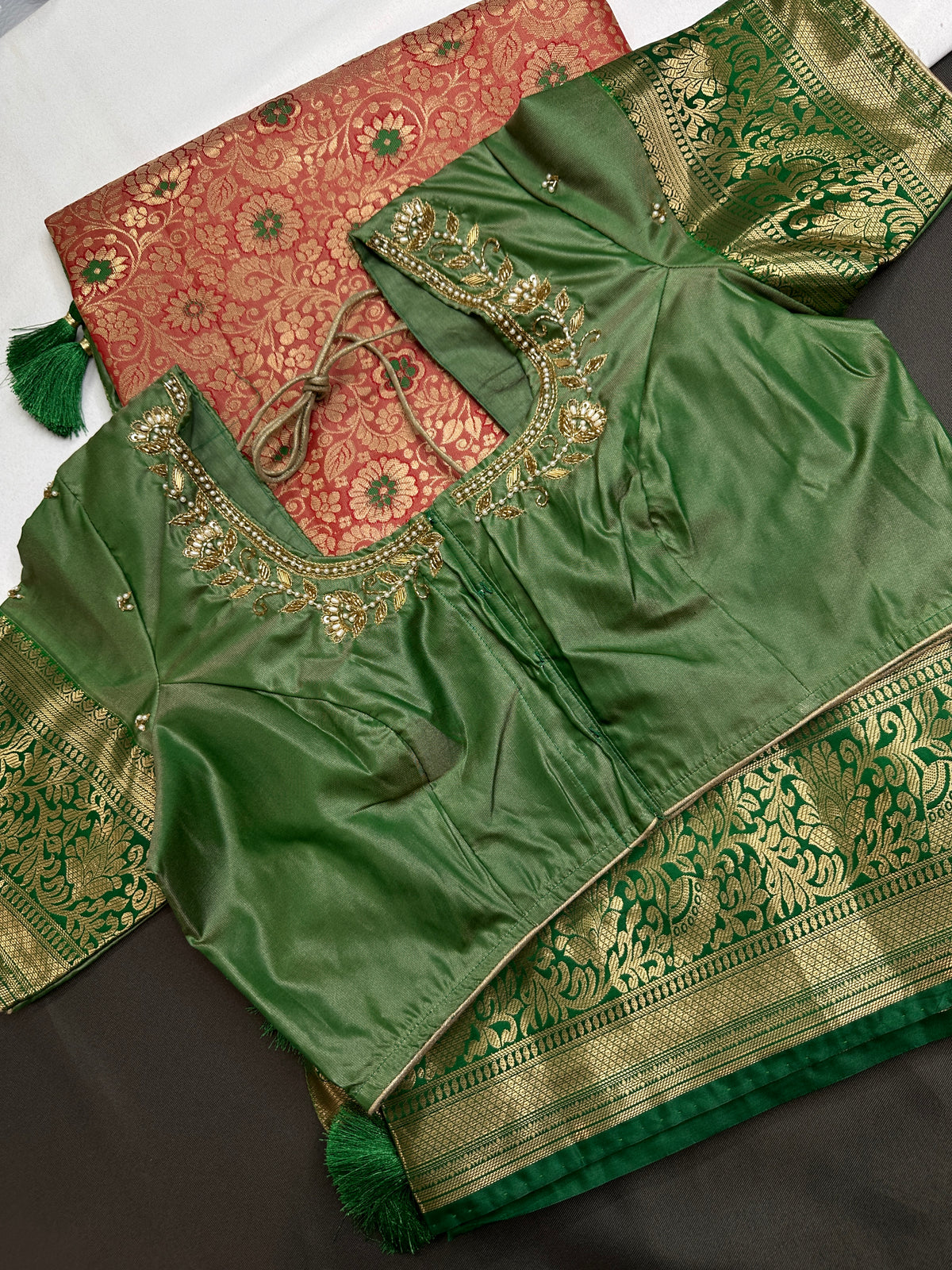 Kanjeevaram Meena Brocade Pink Green Silk Saree